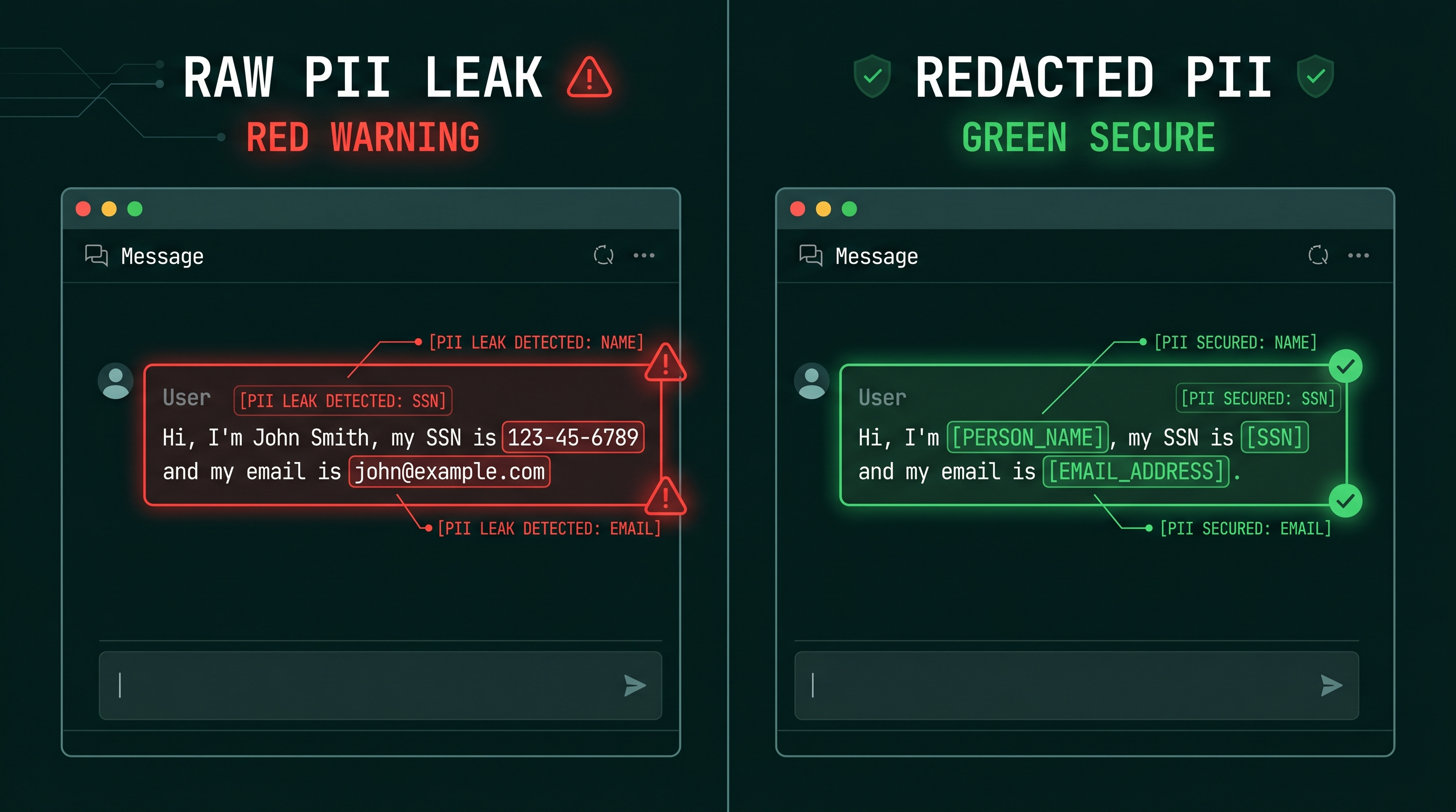 DDS Protect before and after redaction demonstration — raw PII on the left, redacted categories on the right